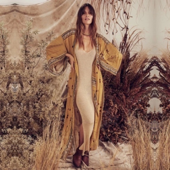 SOLD OUT Mustard Tribal Aztec Western Self Tie Kimono Duster Wrap Bohemian Robe - Picture 5 of 8